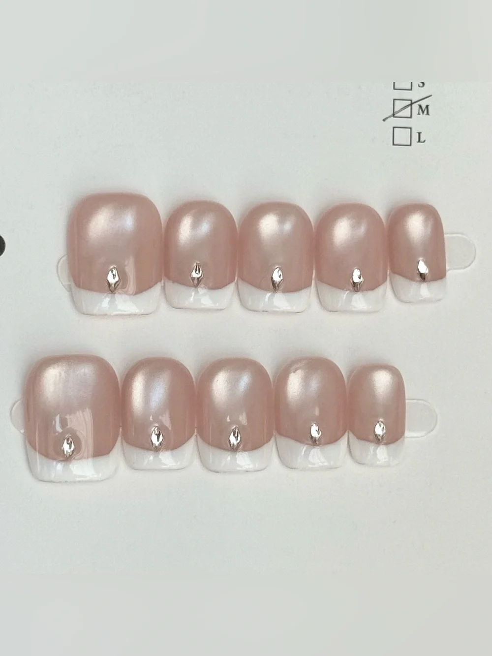 Pearl Pink French Tip Press-On Nail Set with Silver Accent Size M
